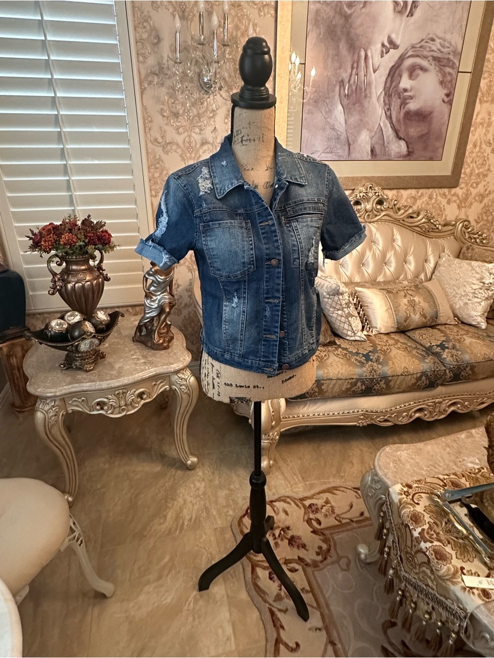 love, Fire Distressed Blue Short-Sleeve Denim Jacket